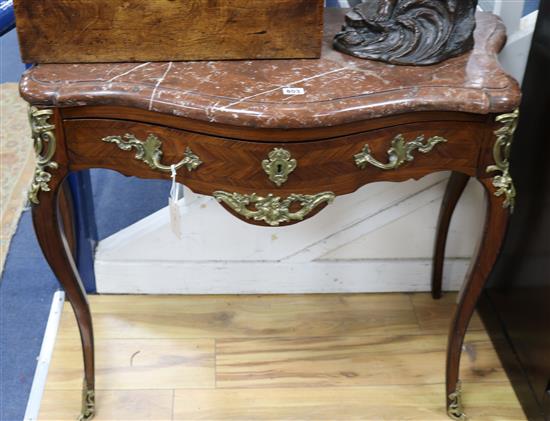 A Louis XVI-style kingwood side table with serpentine marble top and frieze drawer 97cm